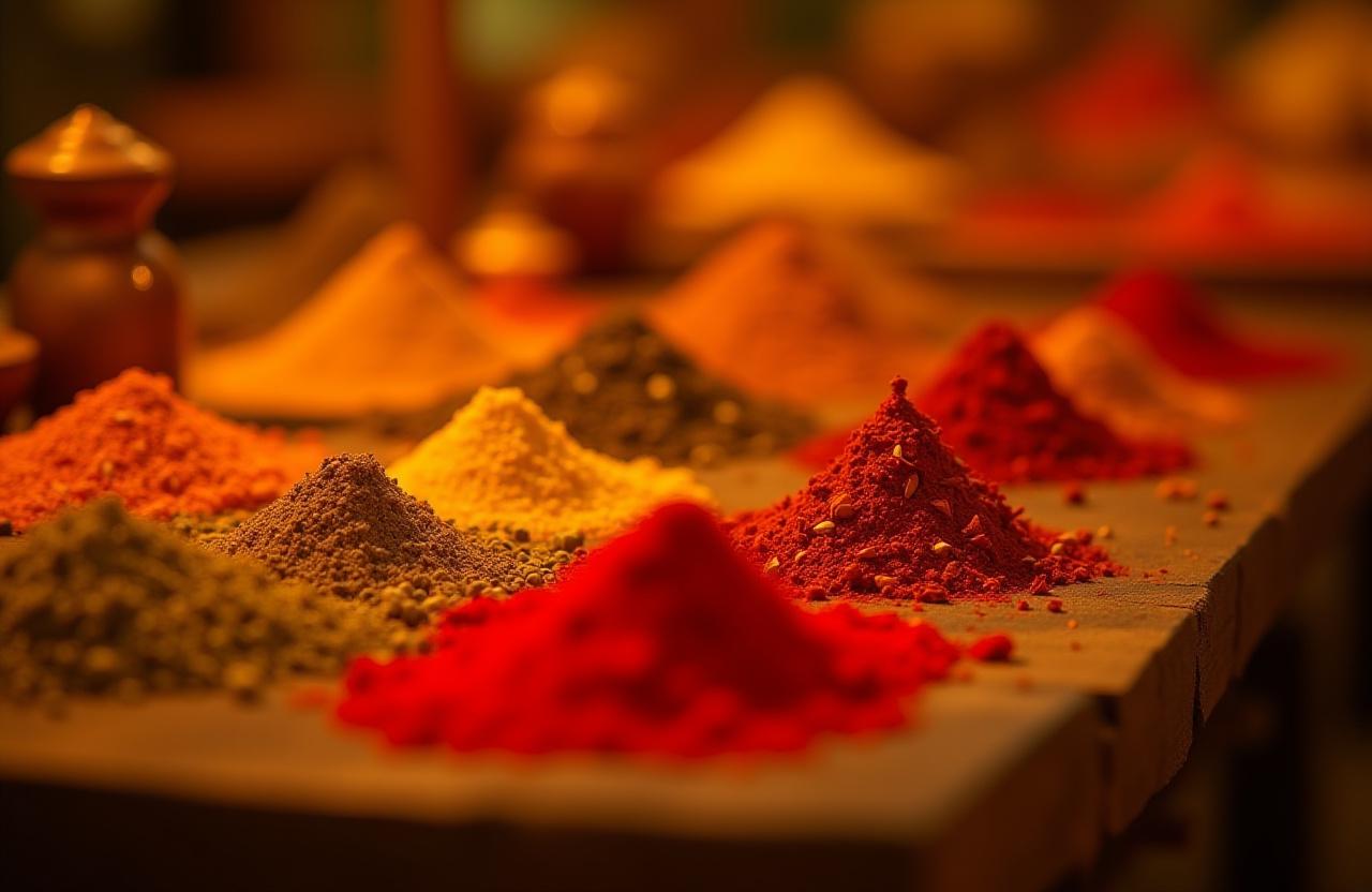 色とりどりの珍しいスパイスと食材の豊かな品揃え