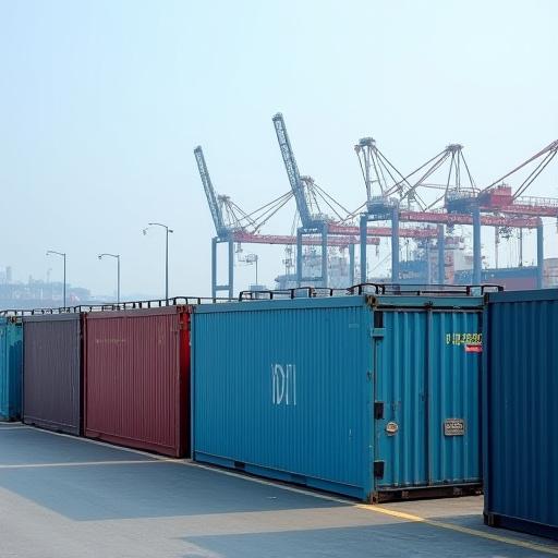 港に並ぶ温度管理された輸送コンテナ